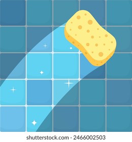 Cleaning concept trace yellow sponge on a dirty wall tiles in bathroom or kitchen. Cleaning service. Kitchenware scouring pads.Vector illustration in flat style