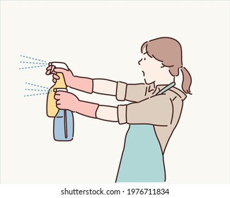 Cleaning concept. Woman hand in yellow rubber protective gloves hold cleaning agent bottle. Hand drawn style vector design illustrations.