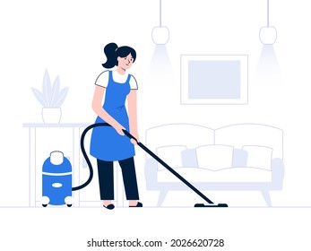 Cleaning concept with woman vacuuming floor with vacuum cleaner in flat design