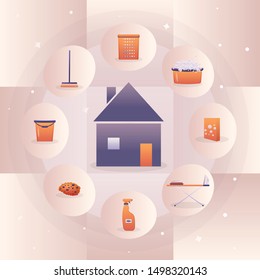 Cleaning concept:detergents,washing powder,
wash basin, floor brush, bucket, laundry basket, 
ironing board, iron and sponge around cute house on creative checkered light pink background.Vector