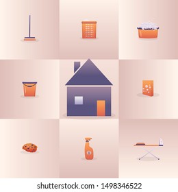 Cleaning concept:detergents,washing powder,
wash basin, floor brush, bucket, laundry basket, 
ironing board, iron and sponge around cute house on creative checkered light pink background.Vector