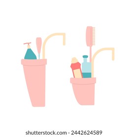 Cleaning container set. Equipment elements for wash home isolated on white background. Housework concept. Bucket, spray various tools. Vector flat illustration.