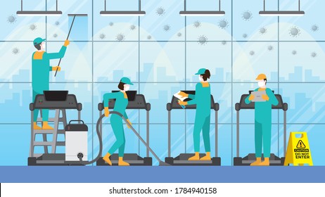 Cleaning Crew Team In Fitness Center. Clean And Check Inspector Professional Service For Protect The Pandemic Of COVID-19 Coronavirus And The Dirty. Re-opening Business After Quarantine.