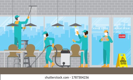 Cleaning Crew Team Washing In Closed Bistro Cafe Restaurant. Clean And Check Inspector. Professional Service For Hygiene And Eliminate Dirty. Routine Everyday Job Concept. Vector Idea.