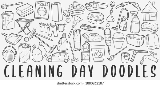 Cleaning Day, doodle icon set. Chores Style Vector illustration collection. Clean Tools Banner Hand drawn Line art style.