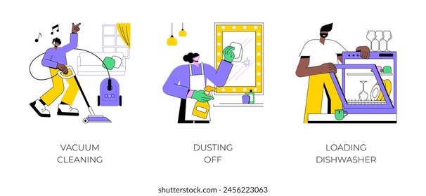 Cleaning day isolated cartoon vector illustrations set. Young man listening to music and use vacuum cleaner, woman in gloves wipes the dust off, loading dishwasher, daily routine vector cartoon.