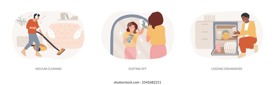 Cleaning day isolated cartoon vector illustrations set. Young man listening to music and use vacuum cleaner, woman in gloves wipes the dust off, loading dishwasher, daily routine vector cartoon.