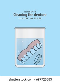 Limpieza del vector de ilustración de dentadura en fondo azul. Concepto dental.