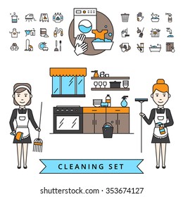 Cleaning design concept with housemaids with mop and broom in home interior and household items icons set isolated vector illustration