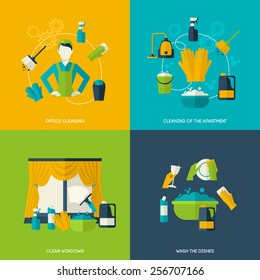 Cleaning design concept with office apartment windows dishes flat icons set isolated vector illustration 