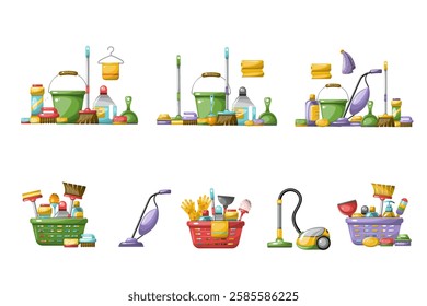 Cleaning detergents tools basket. Hand drawn illustration isolated on white background