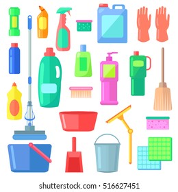 Cleaning. Different Icons of Cleaning Mean Kinds. Bucket, gloves, duster, detergent, brush, mop, broom, wiper, spray, sponge, soap,sweeping. White background. Flat design. Vector illustration