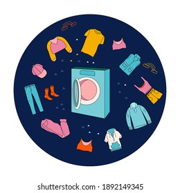 Cleaning dirty clothes with washing machine.Laundry concept.Domestic device with garment goods around.Daily life routine.Trendy doodle style vector poster. Care of your wardrobe.Charity and volunteer