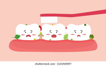 Cleaning dirty teeth using toothbrush cartoon character in flat design. Dental health care concept.