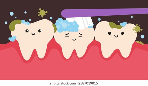 Cleaning dirty teeth using toothbrush cartoon character in flat design. Templates for children's dentistry health care concep