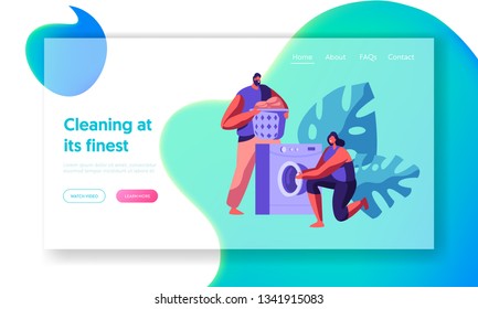 Cleaning Dirty White Color Clothes Linen Laundromat Washer Room Landing Page. Home Electronic Machine Technology Housework Detergent Equipment Website or Web Page. Flat Cartoon Vector Illustration