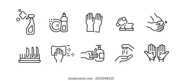 Cleaning dish icons. 10 cleaning trendy minimal icons. Gloves, Spray Bottle, Sponge, clean Dishes icon. Design signs for web page, mobile app, packaging design. Vector illustration