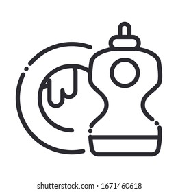 Cleaning, dish and plastic bottle of liquid soap.  Domestic hygiene vector illustration line style icon