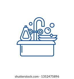 Cleaning Dishes Line Icon Concept. Cleaning Dishes Flat  Vector Symbol, Sign, Outline Illustration.