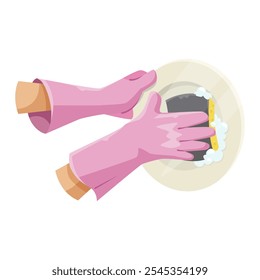 Cleaning dishes with pink gloves. Vector illustration