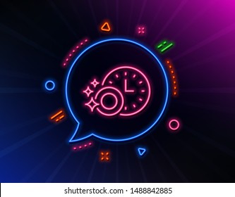 Cleaning dishes with Time line icon. Neon laser lights. Dishwasher sign. Clean tableware sign. Glow laser speech bubble. Neon lights chat bubble. Banner badge with dishwasher timer icon. Vector