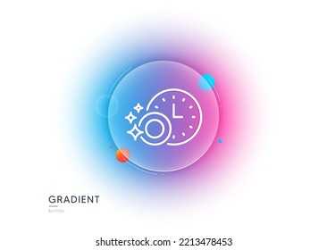 Limpiando platos con el icono de la línea de tiempo. Botón de desenfoque degradado con gafas. Señal del lavavajillas. Señal de vajilla limpia. Diseño de vidrio transparente. Icono de la línea del temporizador del lavavajillas. Vector
