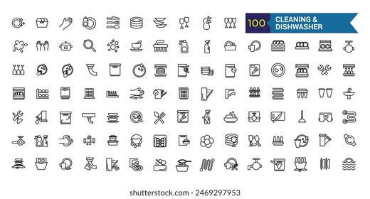 Cleaning and dishwasher icons set. Outline set of repair dishwasher vector icons for ui design. Outline icon collection. Editable stroke.