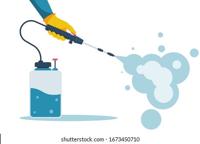 Cleaning and disinfecting coronavirus. Atomizer and sprayer. Man in hazmat suit and gloves. Pandemic risk. Vector illustration flat design. Epidemic spread precautions.