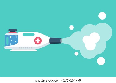 Cleaning and disinfecting coronavirus. Atomizer and sprayer. Pandemic risk. Vector illustration flat design. Epidemic spread precautions. Disinfectant container and handle.