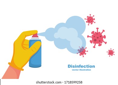 Cleaning and disinfecting coronavirus. Atomizer and sprayer. Man in hazmat suit and gloves. Pandemic risk. Vector illustration flat design. Epidemic spread precautions covid-19.