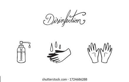 Cleaning and disinfecting hands from bacteria and other corona virus, with letters title, Original hand drawn outline illustration. Washing palms process, cartoon drawing set and vector graphic logo.