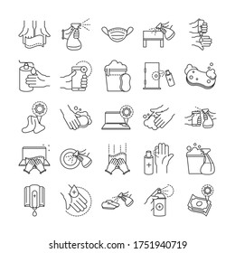 Cleaning Disinfection, Coronavirus Prevention Sanitizer Products Line Style Icons Set Vector Illustration