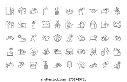 Cleaning Disinfection, Coronavirus Prevention Sanitizer Products Line Style Icons Set Vector Illustration