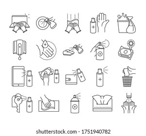 cleaning disinfection, coronavirus prevention sanitizer products line style icons set vector illustration
