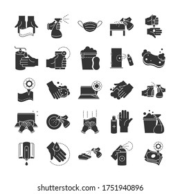 cleaning disinfection, coronavirus prevention sanitizer products silhouette style icons set vector illustration
