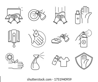 Cleaning Disinfection, Coronavirus Prevention Sanitizer Products Line Style Icons Set Vector Illustration