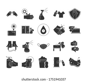 cleaning disinfection, coronavirus prevention sanitizer products silhouette style icons set vector illustration