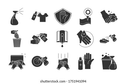 Cleaning Disinfection, Coronavirus Prevention Sanitizer Products Silhouette Style Icons Set Vector Illustration