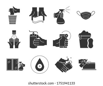 cleaning disinfection, coronavirus prevention sanitizer products silhouette style icons set vector illustration