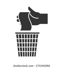 cleaning disinfection, disposable the contaminated tissue into a plastic bin, coronavirus prevention sanitizer products silhouette style icon vector illustration