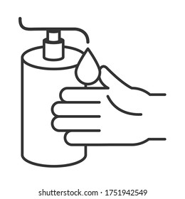 cleaning disinfection, hand sanitizer gel pump dispenser, coronavirus prevention products line style icon vector illustration
