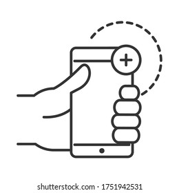 cleaning disinfection, hand with smartphone, coronavirus prevention sanitizer products protection coronavirus disease line style icon vector illustration