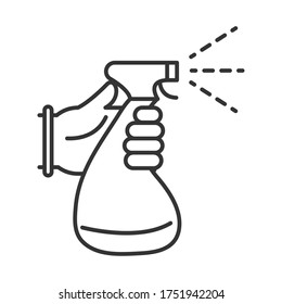 desinfección de limpieza, mano con limpiador de botellas de pulverización, productos de sanitizador de prevención de coronavirus estilo de línea icono ilustración vectorial