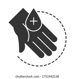 cleaning disinfection, hand with water drop, coronavirus prevention sanitizer products silhouette style icon vector illustration