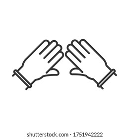 cleaning disinfection, hands with glove protection, coronavirus prevention sanitizer products line style icon vector illustration