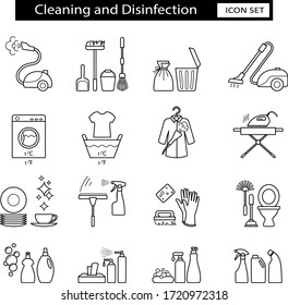 Cleaning and disinfection. Icon set for infographic or website. Housekeeping and cleaning service. Cleaning of residential and office premises. Effective prevention of coronavirus. Isolation. Vector