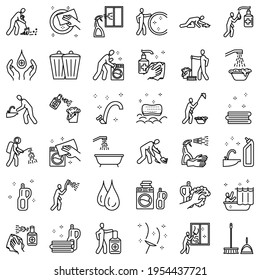 Cleaning and disinfection icon set. Washing linen, picking up garbage, wash his hands. Simple vector icons, isolated, Outline, for web application. Concept of purity and freshness.