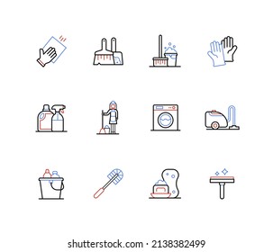 Cleaning and disinfection - line design style icons set with editable stroke. Wet wipe, mop and bucket of foam, rubber gloves, housemaid, washing machine, vacuum cleaner, sponge and soap, toilet brush