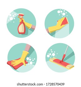 Cleaning and disinfection - mopping, sponging, dusting and spraying. Set of cartoon vector illustrations.