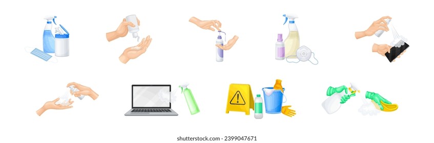 Cleaning and Disinfection Objects and Hands as Personal Hygiene and Care Vector Set